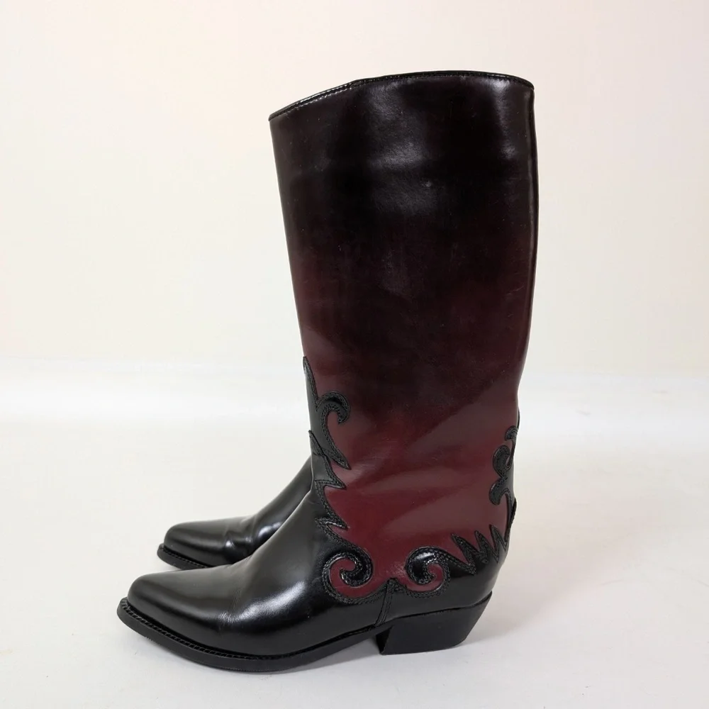 Pleather Ombre Boots Western Faux Leather PVC Round Toe Maroon Burgundy - Picture 5 of 10